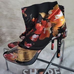 OPEN PEEP TOE STILETTO OVER THE KNEE SOCK BOOT IN BLACK FLORAL